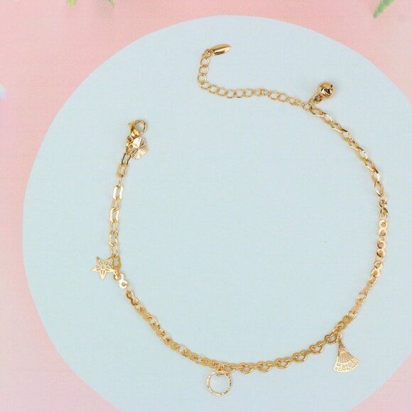 "Rose Gold Anklet with Fan, Star & Circle Charms, XPAL1174 - Picture 1 of 12